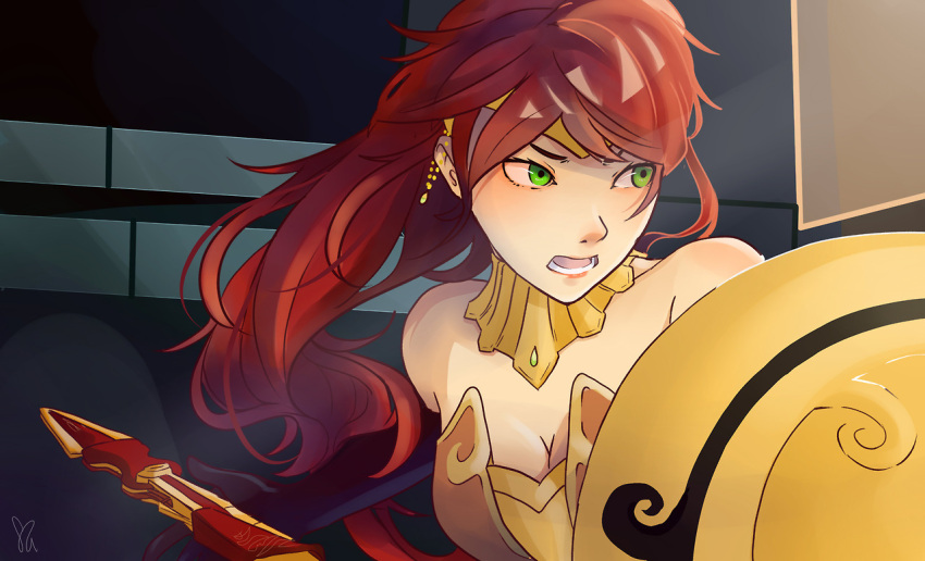 1girl armor black_gloves breastplate breasts cleavage elbow_gloves forehead_protector gloves gorget green_eyes headband jewelry long_hair open_mouth polearm ponytail pyrrha_nikos redhead rwby shield shiny shiny_hair signature silenticha solo spear weapon