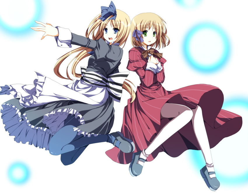 2girls apron axis_powers_hetalia belarus_(hetalia) blonde_hair blue_eyes blue_legwear bow dress frilled_apron frilled_dress frills green_eyes hair_bow hands_on_own_chest liechtenstein_(hetalia) long_hair long_sleeves multiple_girls pantyhose puffy_long_sleeves puffy_sleeves sakino_saku sash short_hair simple_background striped striped_dress white_background white_legwear