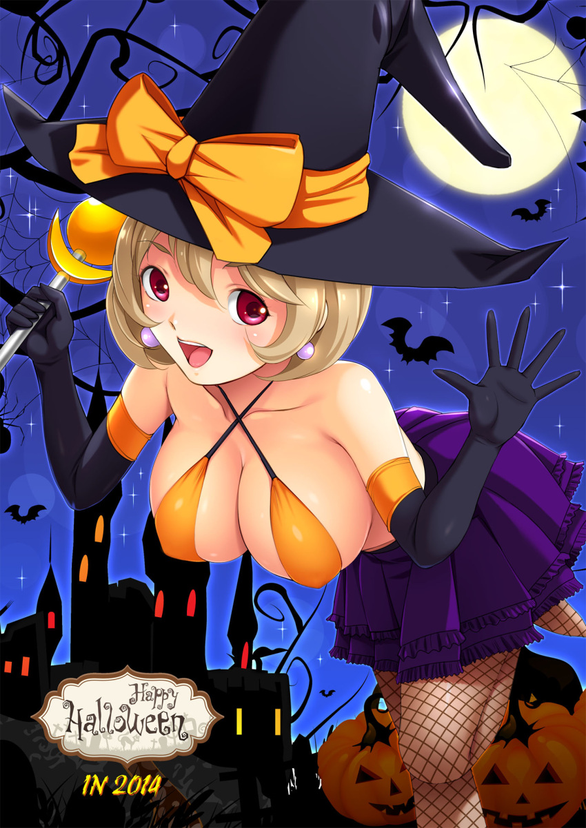 bikini_top blonde_hair breasts dragon@harry elbow_gloves fishnet_pantyhose fishnets gloves halloween hat highres original pantyhose red_eyes short_hair swimsuit witch_hat