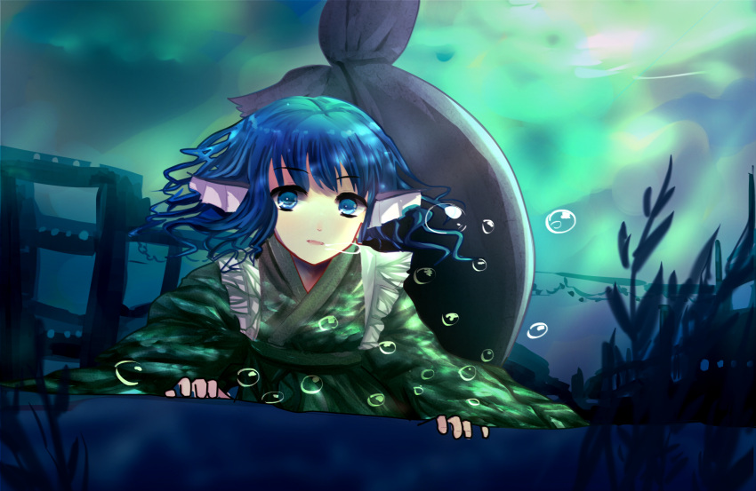 1girl animal_ears blue_eyes blue_hair bubble floating_hair head_fins highres japanese_clothes kimono light_particles looking_at_viewer mermaid monster_girl obi open_mouth plant sash short_hair smile touhou underwater wakasagihime wet wet_clothes
