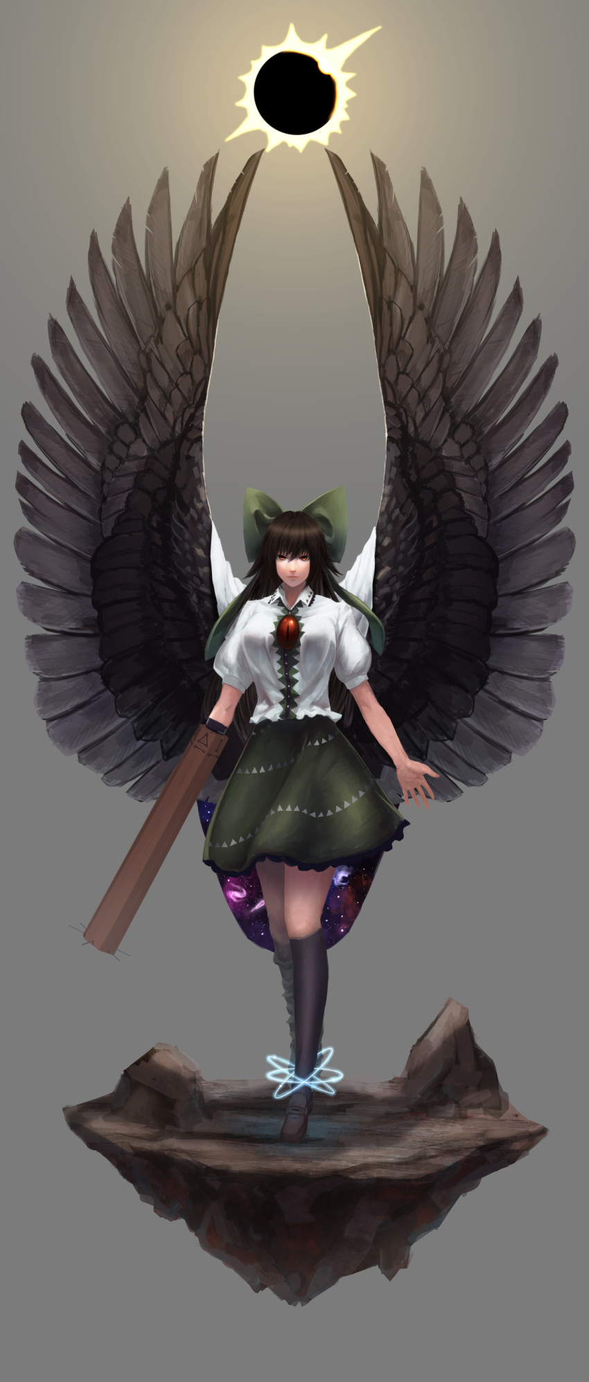 1girl absurdres arm_cannon backlighting black_hair black_legwear black_wings bow breasts floating_rock galaxy green_skirt grey_background hair_bow highres kneehighs large_breasts large_wings lips looking_at_viewer minamike1991 nose open_hand outstretched_arms red_eyes reiuji_utsuho shoes short_sleeves simple_background skirt solar_eclipse solo space standing third_eye touhou weapon wings