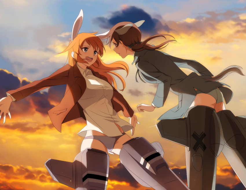 2girls animal_ears blue_eyes blush breasts brown_hair charlotte_e_yeager clouds gertrud_barkhorn highres kisetsu long_hair military military_uniform multiple_girls orange_hair outstretched_arms rabbit_ears sky smile spread_arms strike_witches striker_unit tail uniform