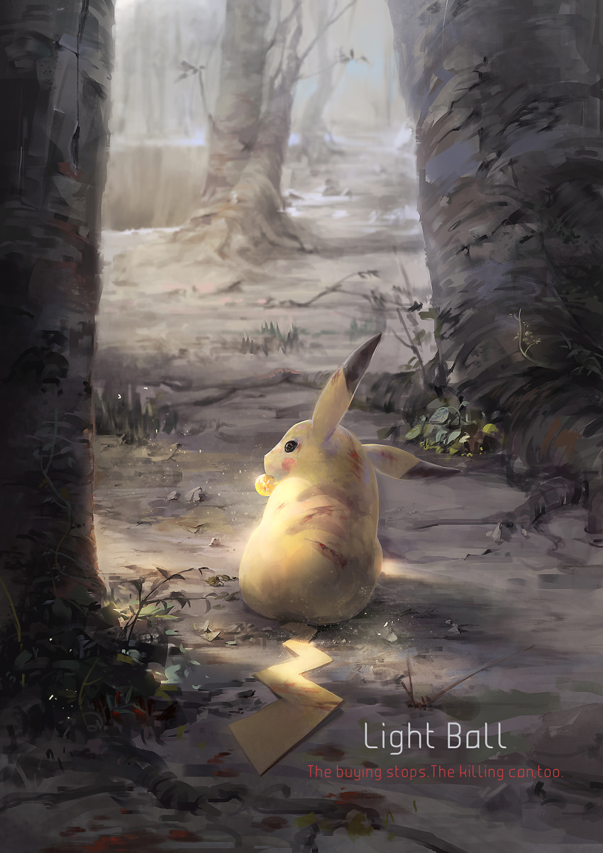 a-shacho blood forest highres injury nature no_humans pikachu pokemon pokemon_(creature) realistic text tree tree_shade wound