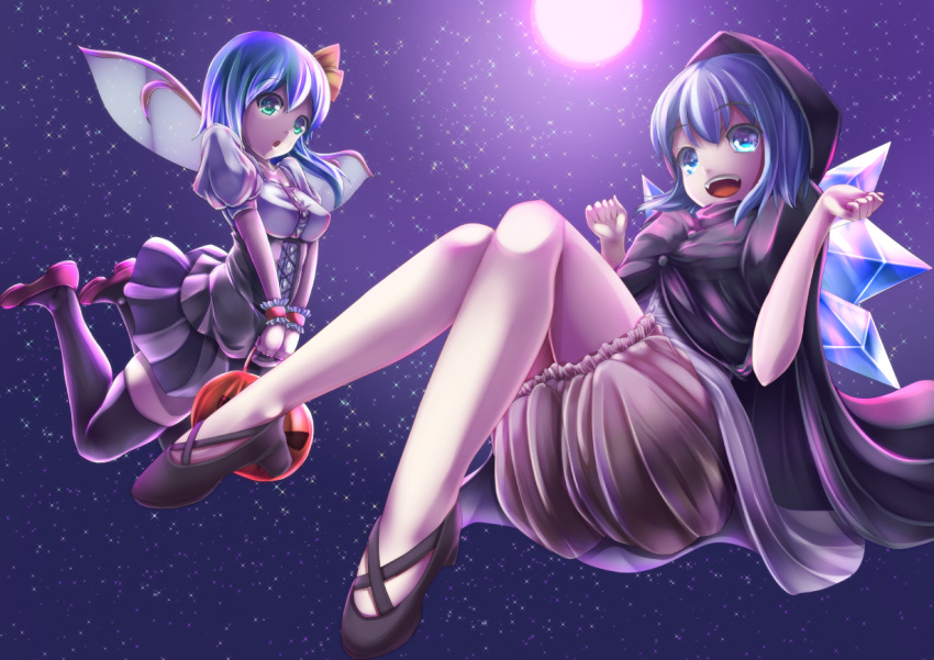 2girls black_legwear bloomers blue_eyes breasts cape capelet cirno daiyousei dress fairy fairy_wings full_moon green_eyes halloween hands_up ice ice_wings kirimori_toya looking_at_viewer moon multiple_girls night night_sky open_mouth puffy_short_sleeves puffy_sleeves pumpkin shoes short_hair short_sleeves side_ponytail skirt skirt_set sky smile sparkle star_(sky) starry_sky thigh-highs touhou underwear wings wrist_cuffs