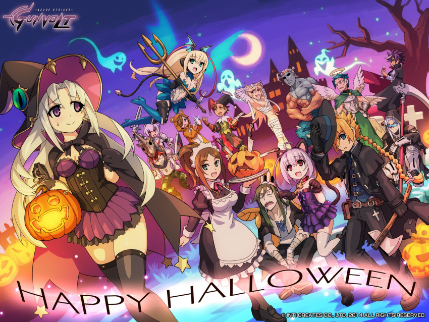 acura_(gunvolt) angel animal_costume animal_ears artist_request asimov_(gunvolt) azure_striker_gunvolt brown_hair carrera_(gunvolt) cat_paws crescent_moon daytona_(gunvolt) elise_(gunvolt) ghost gino_(gunvolt) gunvolt hair_over_one_eye halo happy_halloween hat hatchet highres jack-o'-lantern jota_(gunvolt) joule_(gunvolt) knight lumen_(gunvolt) maid merak_(gunvolt) monica_(gunvolt) moon multicolored_hair official_art pantera_(gunvolt) paws purple_hair shiden_(gunvolt) silver_hair stratos_(gunvolt) sunglasses sword tagme thigh-highs two-tone_hair weapon white_hair witch_hat