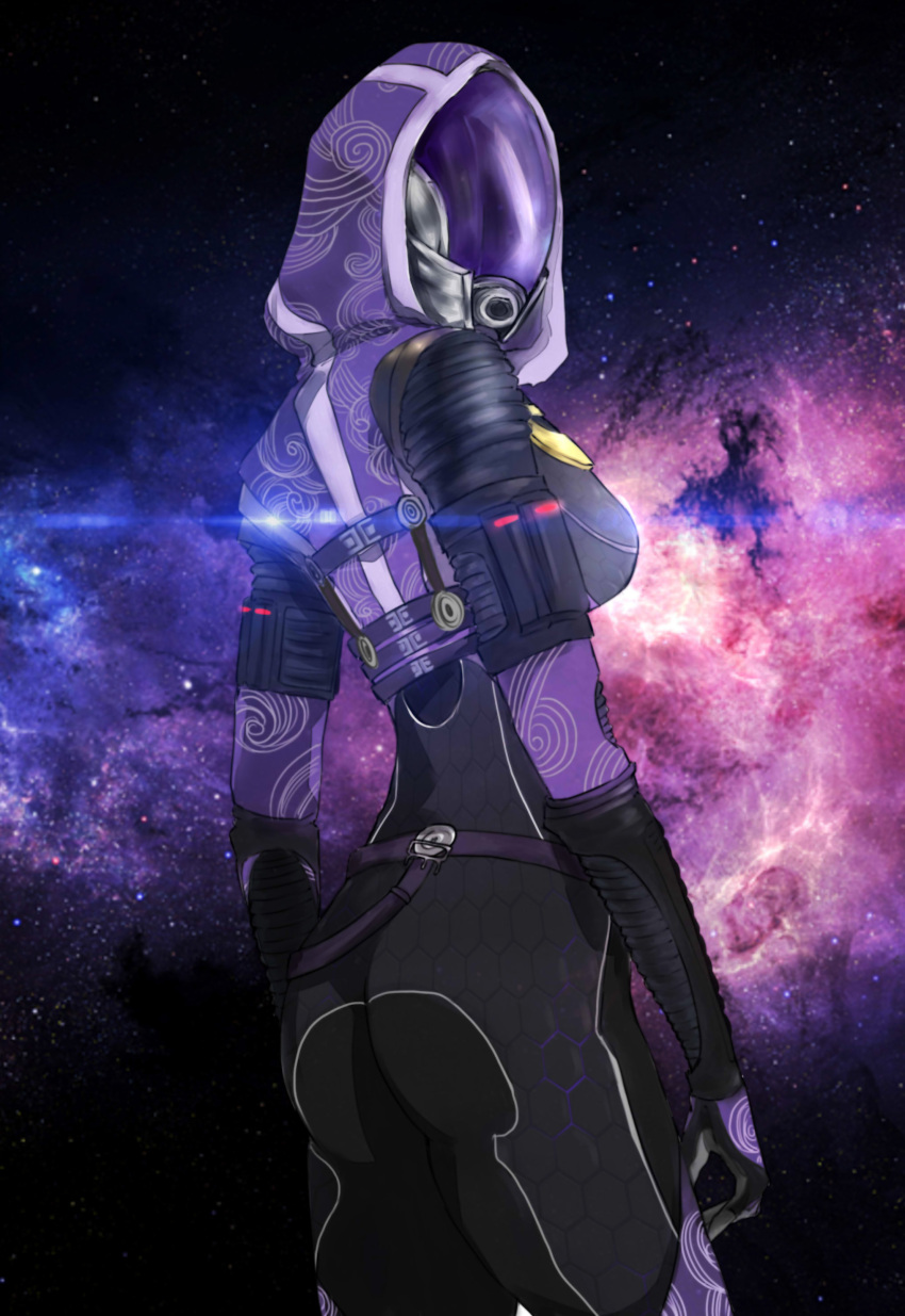 1girl absurdres alien ass bodysuit from_behind helmet highres kumo_ni_notte looking_back mass_effect quarian solo space tali'zorah