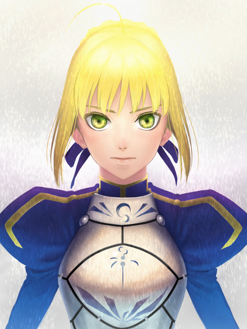1girl ahoge amino_(tn7135) breastplate bust fate/stay_night fate_(series) green_eyes highres juliet_sleeves lips long_sleeves looking_at_viewer puffy_sleeves saber short_hair solo