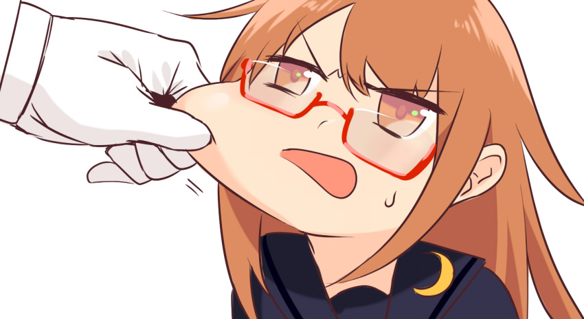 1girl blew_andwhite brown_eyes brown_hair cheek_pull crescent crescent_moon glasses gloves kantai_collection long_hair mochizuki_(kantai_collection) moon open_mouth red-framed_glasses school_uniform semi-rimless_glasses serafuku solo sweatdrop under-rim_glasses white_gloves