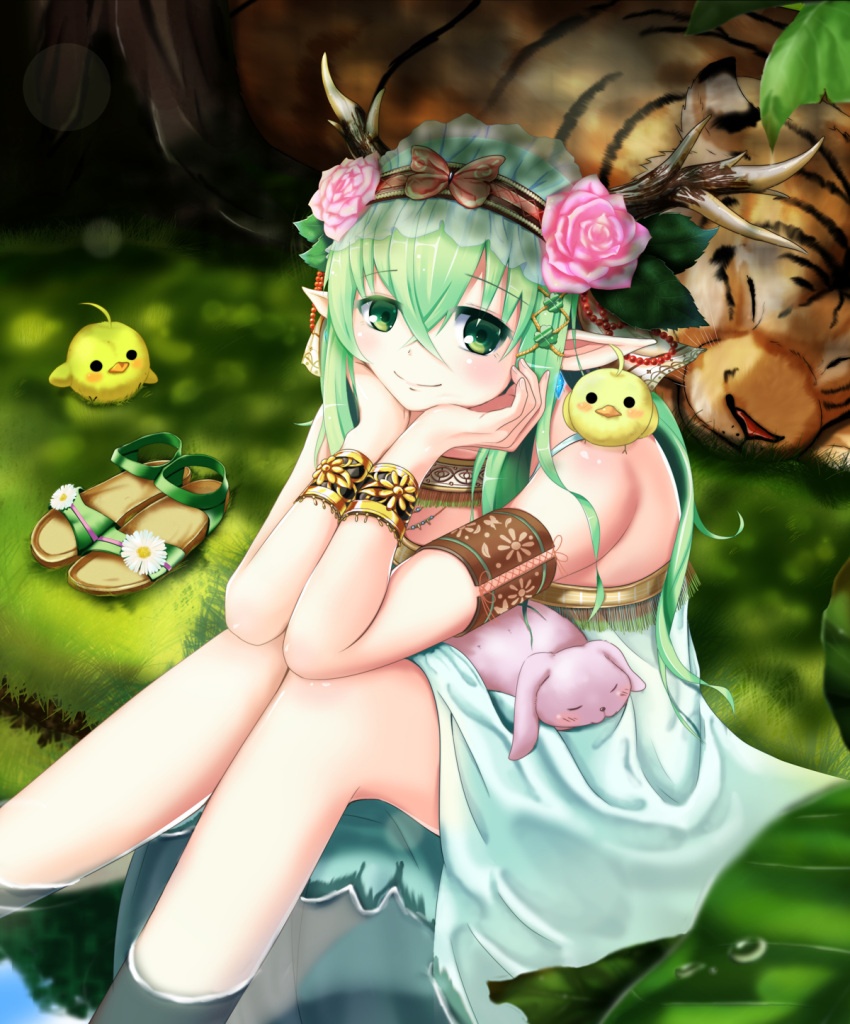 1girl animal_on_shoulder armlet bare_shoulders bird bird_on_shoulder bracer chick chin_rest dress elbows_on_knees elf flower grass green_eyes green_hair hair_flower hair_ornament headband highres horns long_hair nature original partially_submerged pointy_ears qixi_cui_xing rabbit sandals_removed sitting sleeping smile solo tiger water