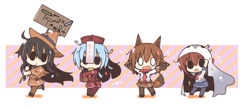 4girls akatsuki_(kantai_collection) animal_ears ascot black_hair blue_hair brown_hair candy chibi collar fang ghost gloves hair_ornament hairclip halloween halloween_costume hat hibiki_(kantai_collection) ikazuchi_(kantai_collection) inazuma_(kantai_collection) jiangshi kantai_collection lollipop multiple_girls open_mouth pantyhose paw_gloves shiro_to_yama sign skirt solid_oval_eyes tail trick_or_treat werewolf witch witch_hat