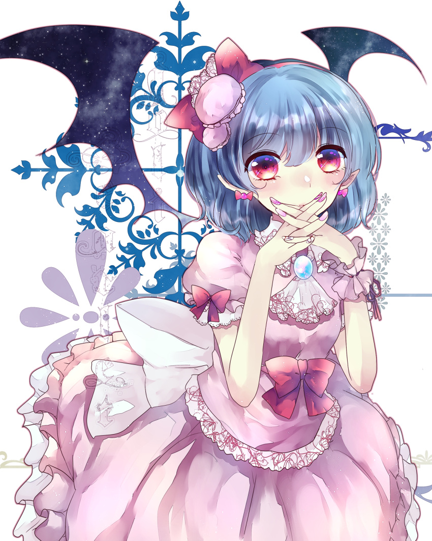 1girl absurdres alternate_costume ascot bat_wings blue_hair bow dress earrings frills ginzuki_ringo hair_ornament hairband headband highres jewelry looking_at_viewer nail pink_dress puffy_short_sleeves puffy_sleeves red_eyes remilia_scarlet ribbon short_hair short_sleeves solo touhou wings wrist_cuffs