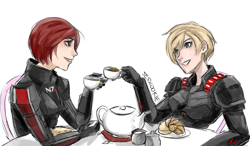 2girls blonde_hair blue_eyes bodysuit commander_shepard commander_shepard_(female) croissant crossover cup jesscookie mass_effect multiple_girls n7_armor power_armor redhead saucer short_hair sitting smile table tamora_jean_calhoun tea_party teacup teapot wreck-it_ralph