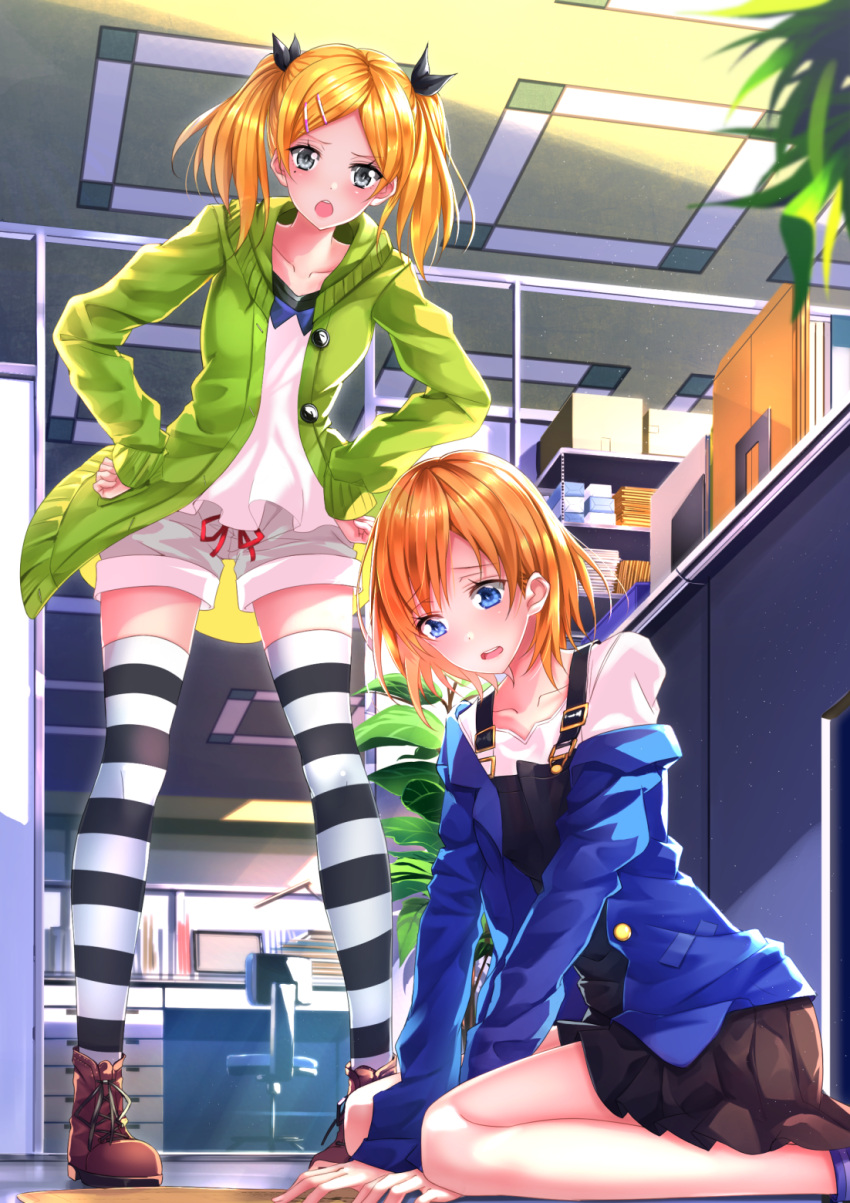 2girls blonde_hair blue_eyes chair collarbone computer desk grey_eyes hair_ornament hairclip hands_on_hips highres hoodie miyamori_aoi mole multiple_girls off_shoulder office office_chair overall_skirt overalls shirobako short_hair shorts sitting skirt striped striped_legwear swordsouls thigh-highs twintails unbuttoned yano_erika