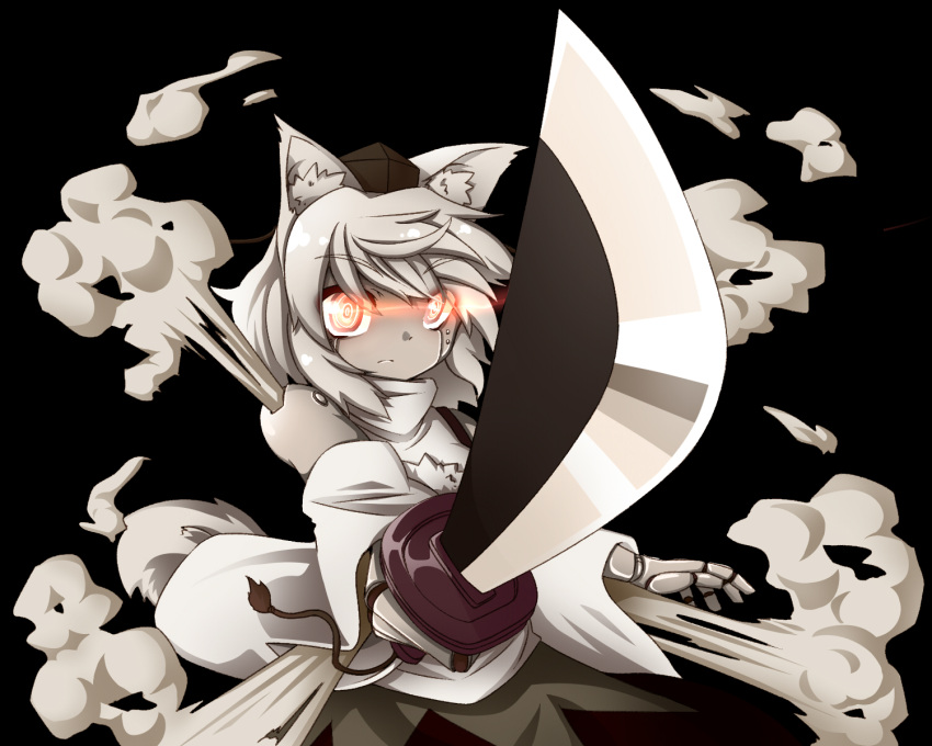 1girl animal_ears bare_shoulders black_background detached_sleeves glowing glowing_eyes grey_hair hat highres inubashiri_momiji mechanization no_humans pom_pom_(clothes) red_eyes robot robot_joints ryuu_(multitask) short_hair simple_background solo steam sword tail tokin_hat touhou weapon wolf_ears wolf_tail