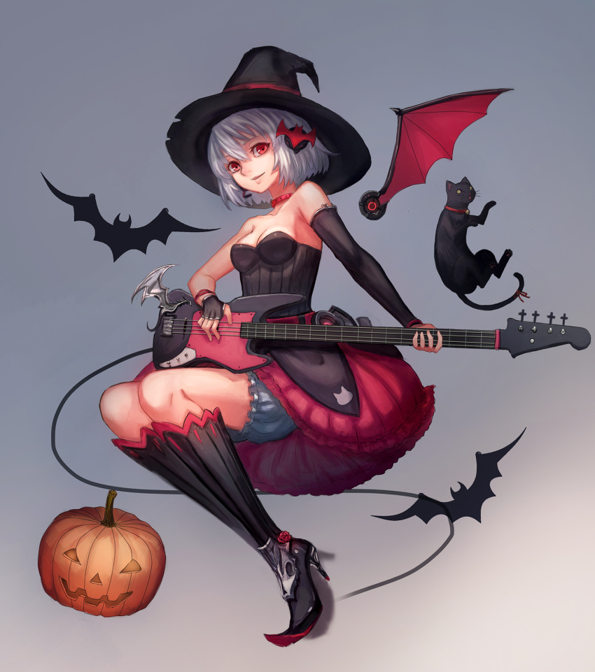 asymmetrical_clothes bare_shoulders bat bat_hair_ornament bat_wings bell bell_collar black_dress black_gloves bloomers boots breasts bryanth cat collar collarbone detached_sleeves dress electric_guitar fingerless_gloves gloves guitar hair_ornament halloween high_heel_boots high_heels highres instrument jack-o'-lantern knee_boots layered_dress original red_dress red_eyes silver_hair single_glove strapless_dress underwear wings witch