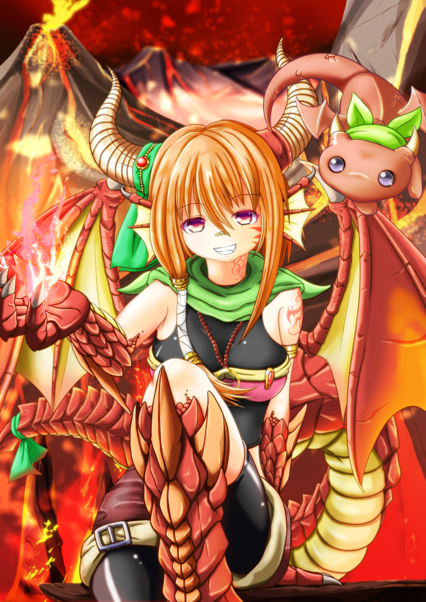 1girl absurdres armlet asymmetrical_hair bandaid bandaid_on_nose breasts claws convenient_leg dragon dragon_girl dragon_tail dragon_wings fang fire flying grin hair_between_eyes head_fins highres horns jewelry long_hair molten_rock monster_girl orange_hair original pendant qixi_cui_xing ribbon scales scarf sitting smile solo spikes tail tail_ribbon tattoo violet_eyes volcano wings