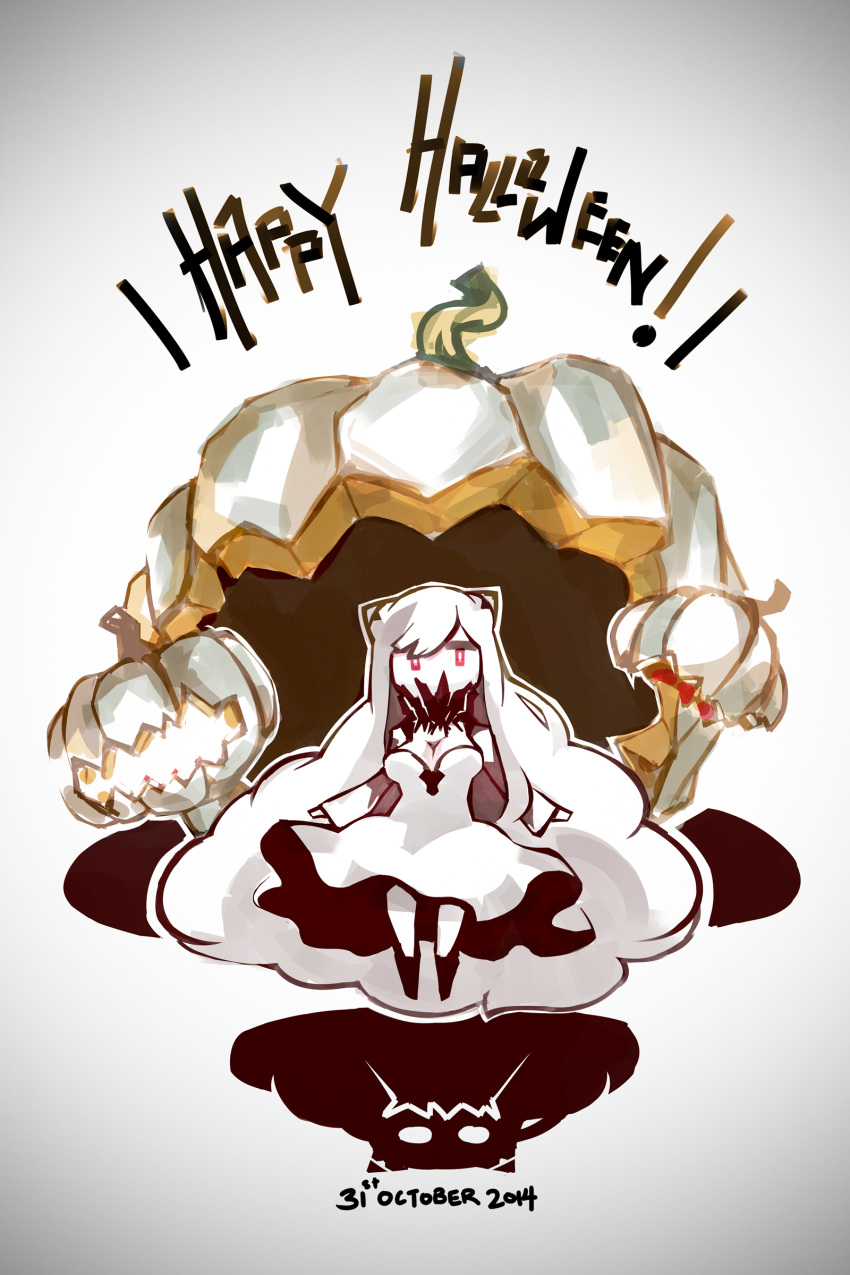 1girl absurdres big_hair breasts chibi cleavage covered_mouth deel_(rkeg) dress hairpods halloween happy_halloween highres jack-o'-lantern kantai_collection long_hair midway_hime pale_skin red_eyes shinkaisei-kan solo strapless_dress very_long_hair white_dress white_hair