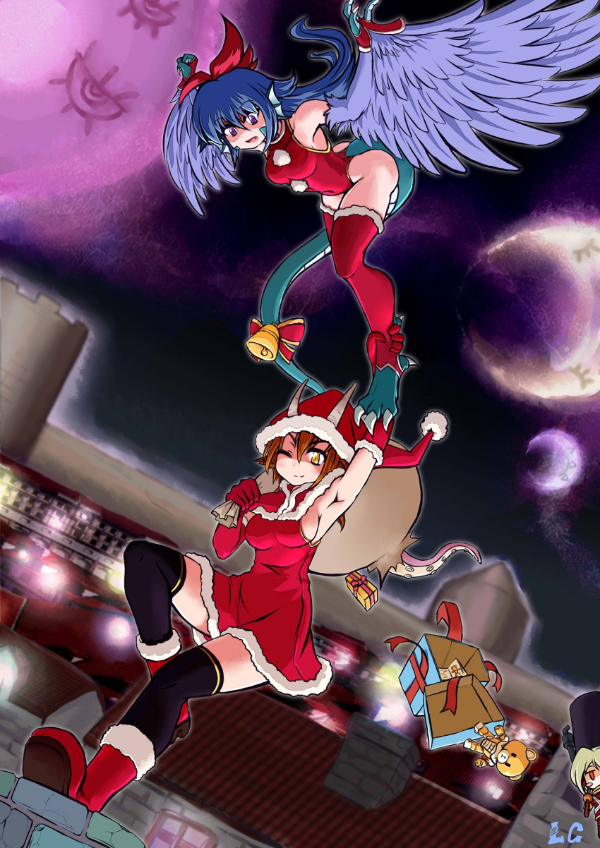 2girls armpits bare_shoulders blue_hair boots box capelet ceres chimney claws crescent_moon elbow_gloves fang feathered_wings fingerless_gloves flying fur_trim gift gift_box gloves head_fins highres horns long_hair monster_girl moon multicolored_hair multiple_girls one_eye_closed orange_eyes orange_hair original pointy_ears redhead rooftop ryou_eno santa_costume smile stuffed_animal stuffed_toy tail teddy_bear tentacles thigh-highs toeless_legwear vesta violet_eyes wings zettai_ryouiki