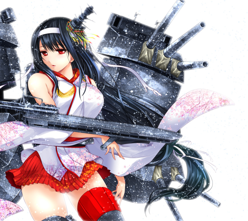 1girl bare_shoulders black_hair breasts cannon catapult detached_sleeves flight_deck floral_print fusou_(kantai_collection) hair_ornament headband japanese_clothes kantai_collection lips long_hair nontraditional_miko obi red_eyes sash skirt smile solo sumeragi_hamao turret