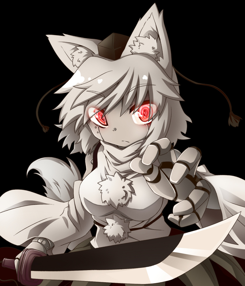 1girl animal_ears bare_shoulders black_background breasts detached_sleeves grey_hair hat highres inubashiri_momiji mechanization no_humans pom_pom_(clothes) red_eyes robot robot_joints ryuu_(multitask) short_hair simple_background solo sword tail tokin_hat touhou weapon wolf_ears wolf_tail