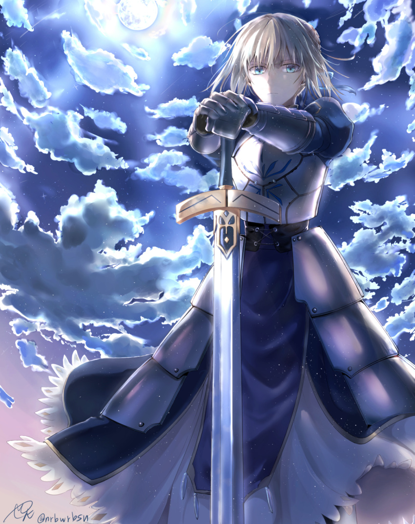 1girl ahoge armor armored_dress blonde_hair clouds dress excalibur fate/stay_night fate_(series) full_moon gauntlets green_eyes hair_ribbon hands_on_hilt highres moon nrbwrbsn planted_sword planted_weapon ribbon saber solo sword weapon