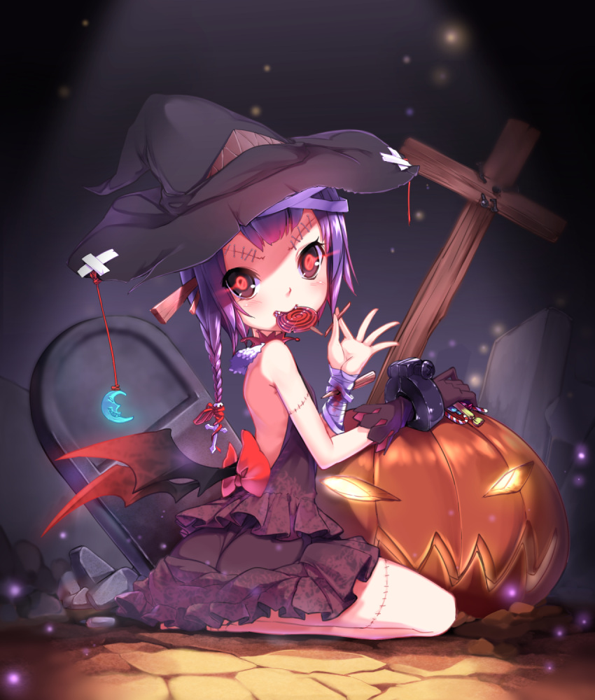 1girl aoi_tsunami bandages black_sclera blood bow braid candy crescent_moon cross demon_wings dress fangs glowing glowing_eyes hair_bow halloween hat highres jack-o'-lantern lollipop moon original purple_hair red_eyes seiza single_glove sitting solo stitches wings witch_hat