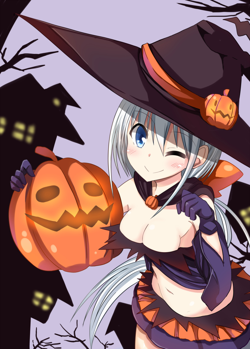 1girl blue_eyes blush breasts cape cleavage cowboy_shot hako_roku halloween hat highres jack-o'-lantern long_hair midriff navel original ponytail purple_gloves silver_hair skirt smile solo very_long_hair witch witch_hat