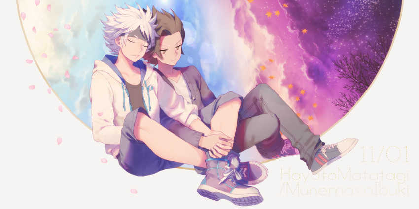 2boys brown_eyes brown_hair comic headband holding_hands hoodie hs2 ibuki_munemasa inazuma_eleven_(series) inazuma_eleven_go inazuma_eleven_go_galaxy jacket leaf lens_flare loud male matatagi_hayato multiple_boys open_clothes open_jacket short_hair sitting sky star_(sky) starry_sky tree white_hair