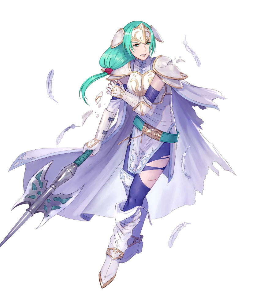 1girl aqua_eyes aqua_hair arm_guards armor belt boots breastplate broken_armor cape elbow_gloves elbow_pads feathers fingerless_gloves fire_emblem fire_emblem:_path_of_radiance fire_emblem_heroes full_body gloves hair_ornament hand_up headpiece highres holding holding_weapon lips long_hair looking_away low-tied_long_hair non-web_source official_art parted_lips pikomaro polearm shiny shiny_hair sigrun solo spear tied_hair transparent_background weapon white_footwear