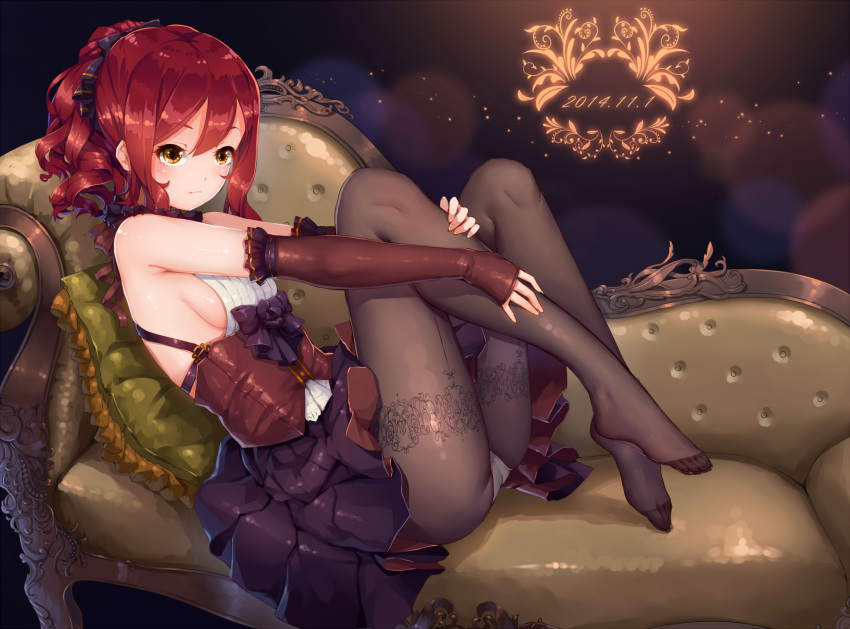1girl bare_shoulders black_legwear blush bow breasts brown_eyes corset couch curly_hair dated detached_sleeves fangxiang_cuoluan highres no_shoes original panties panties_under_pantyhose pantyhose redhead short_hair sideboob skirt small_breasts solo underwear white_panties