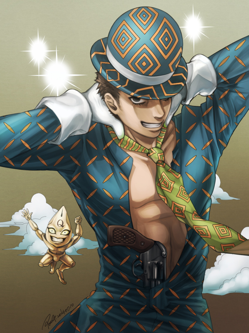 1boy bowler_hat brown_hair cosplay formal gloves grin guido_mista gun hat highres jojo_no_kimyou_na_bouken kira_yoshikage look-alike necktie poulp revolver sex_pistols_(stand) smile solo stand_(jojo) suit weapon