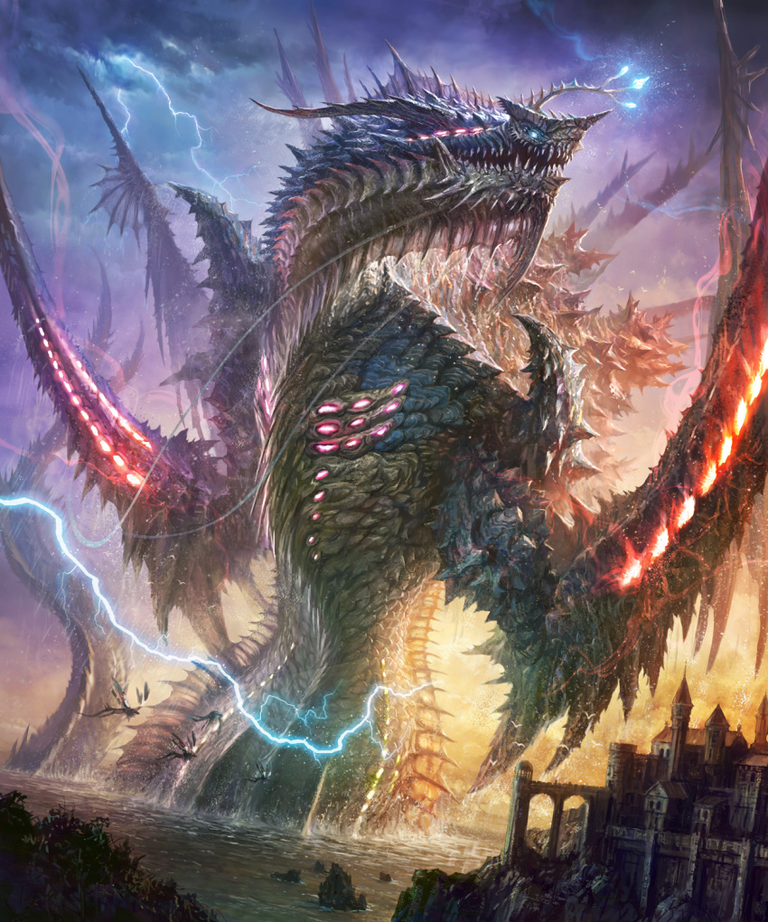 castle clouds dragon highres k-takano lightning monster original sky water