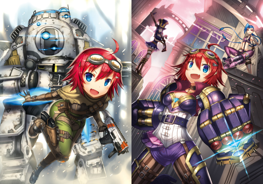 3girls ahoge akuko_(arc) atlas_(titanfall) blue_hair blush caitlyn_(league_of_legends) collage fang gauntlets gia goggles goggles_on_head gun hat jinx_(league_of_legends) league_of_legends long_hair mecha multiple_girls open_mouth original red_eyes redhead rifle submachine_gun titanfall very_long_hair vi_(league_of_legends) vi_(league_of_legends)_(cosplay) weapon