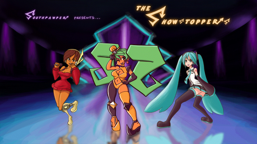 3girls adapted_costume animated animated_gif aqua_hair bangs black_gloves boots breasts brown_hair cerebella_(skullgirls) choker cleavage cleavage_cutout cristina_valenzuela crossover dark_skin detached_sleeves dress earrings eyeshadow fingerless_gloves flat_chest gloves green_hair hatsune_miku headset idol jewelry leotard long_hair makeup mini_hat mismatched_gloves multiple_crossover multiple_girls navel_cutout necktie pointy_shoes real_life_insert red_dress seiyuu_connection seizure short_hair single_thighhigh skirt skullgirls sleeves_past_wrists small_breasts southpawper sweater_dress swept_bangs thigh-highs thigh_boots twintails very_long_hair vocaloid
