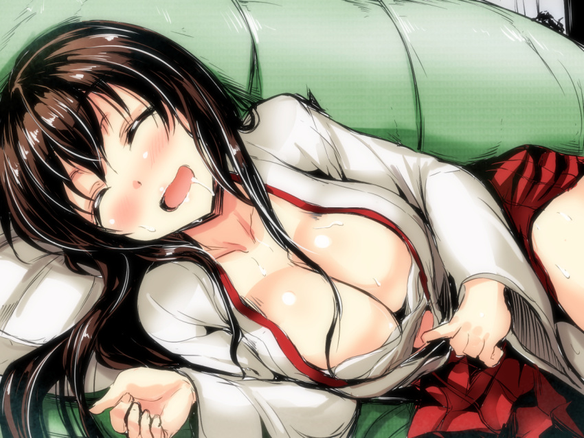 1girl akagi_(kantai_collection) blush breasts brown_hair cleavage closed_eyes collarbone couch drooling gin'ichi_(akacia) japanese_clothes kantai_collection large_breasts long_hair lying on_side open_mouth pillow saliva sarashi skirt sleeping solo