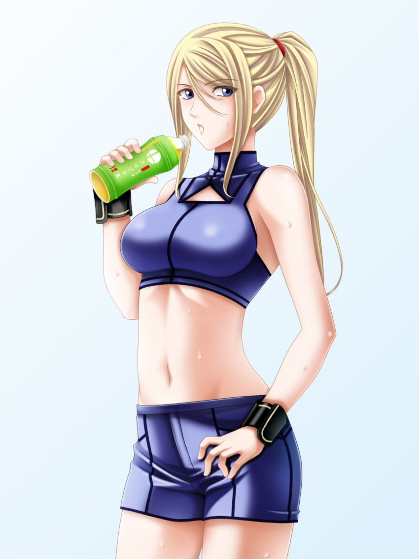 1girl blonde_hair blue_eyes bottle breasts drinking highres large_breasts looking_at_viewer metroid midriff navel ponytail samus_aran shorts simple_background solo super_smash_bros. sweat tamamon tank_top water_bottle wristband zero_suit