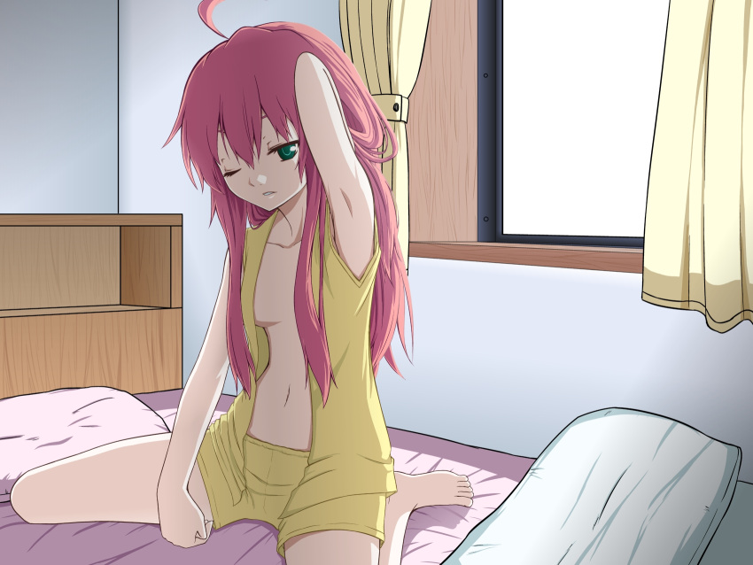 ahoge arm_up armpits bangs barefoot bed breasts curtains dies_irae green_eyes highres indoors long_hair navel no_bra on_bed one_eye_closed open_clothes open_shirt pajamas parted_lips payot pillow redhead rusalka_schwagerin shorts sitting sleepy wariza window