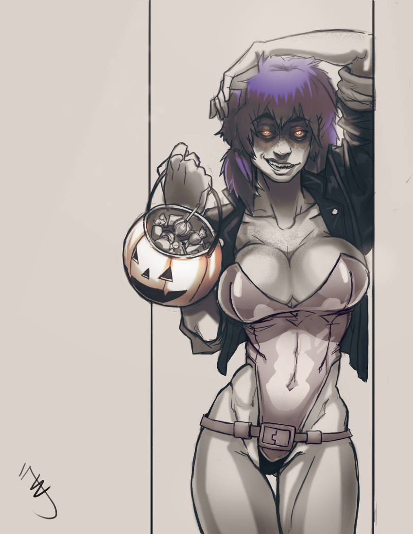 1girl andava belt breasts candy claudia_(andava) cleavage cosplay cropped_jacket doorway eyebrows freckles ghost_in_the_shell ghost_in_the_shell_stand_alone_complex glowing glowing_eyes grin halloween highres jack-o'-lantern kusanagi_motoko kusanagi_motoko_(cosplay) large_breasts leotard orange_eyes original purple_hair rape_face short_hair sleeves_rolled_up smile solo thick_eyebrows thigh_gap