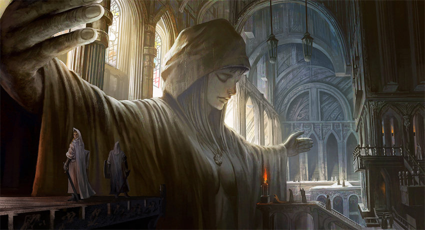 architecture breasts cape church cleavage closed_eyes fire flame gothic_architecture hood indoors jewelry lantern lips long_sleeves necklace noba outstretched_arms pendant pixiv_fantasia pixiv_fantasia_fallen_kings praying robe scenery spread_arms stained_glass statue sword weapon window