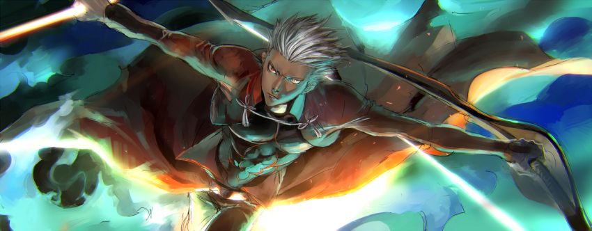 1boy archer arrow bow_(weapon) dark_skin fate/stay_night fate_(series) harurie solo weapon white_hair