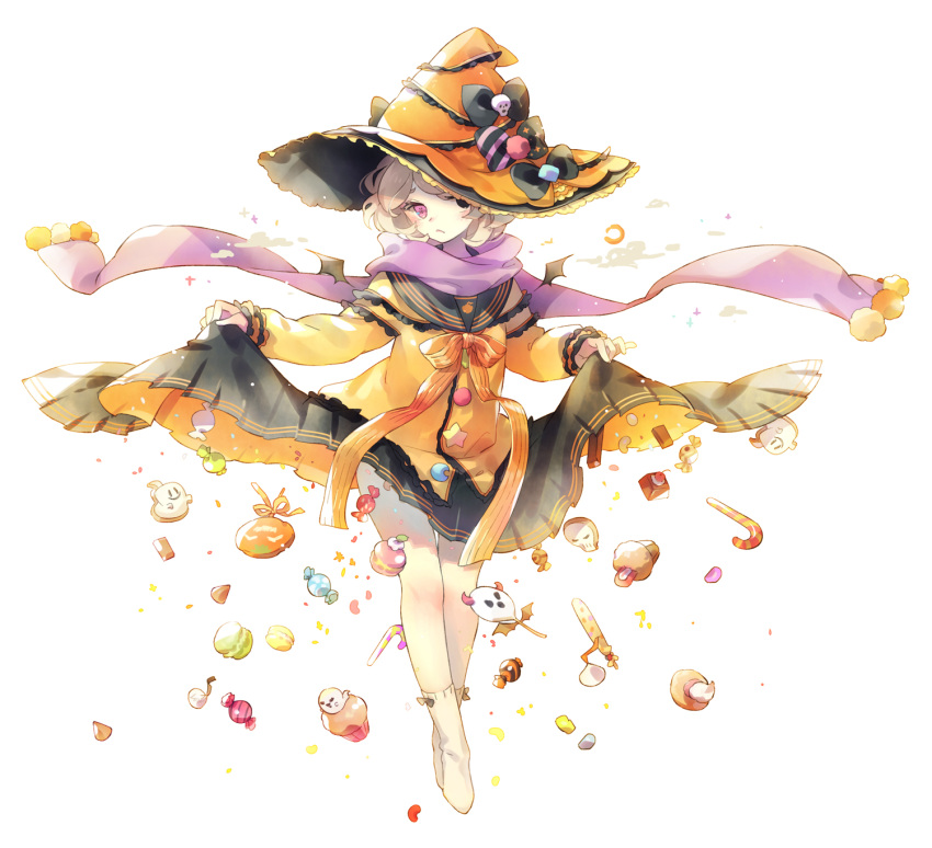 1girl candy hajida halloween hat highres looking_at_viewer original simple_background solo white_background witch_hat
