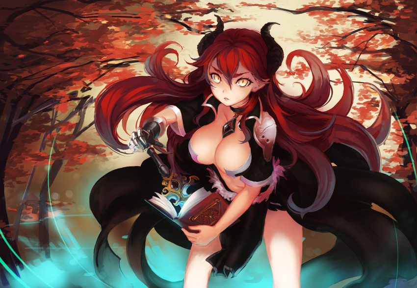 1girl book breasts cleavage doomfest gauntlets highres horns leaning_forward long_hair looking_at_viewer pointy_ears redhead slit_pupils solo sword tree weapon yellow_eyes