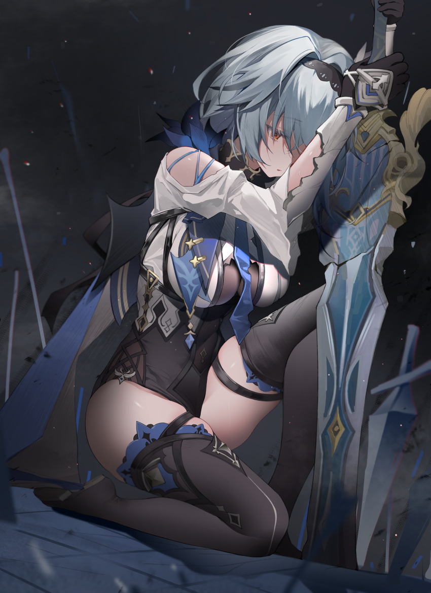 1girl absurdres arm_guards bare_shoulders black_footwear black_gloves black_hairband blue_hair bodystocking boots breasts covered_navel dark_background empty_eyes eula_(genshin_impact) full_body genshin_impact gloves hairband highres holding holding_sword holding_weapon large_breasts long_sleeves looking_down one_knee planted planted_sword red_eyes shiro_kanae short_hair skindentation solo sword thigh-highs thigh_boots thighs torn_clothes two-tone_leotard weapon