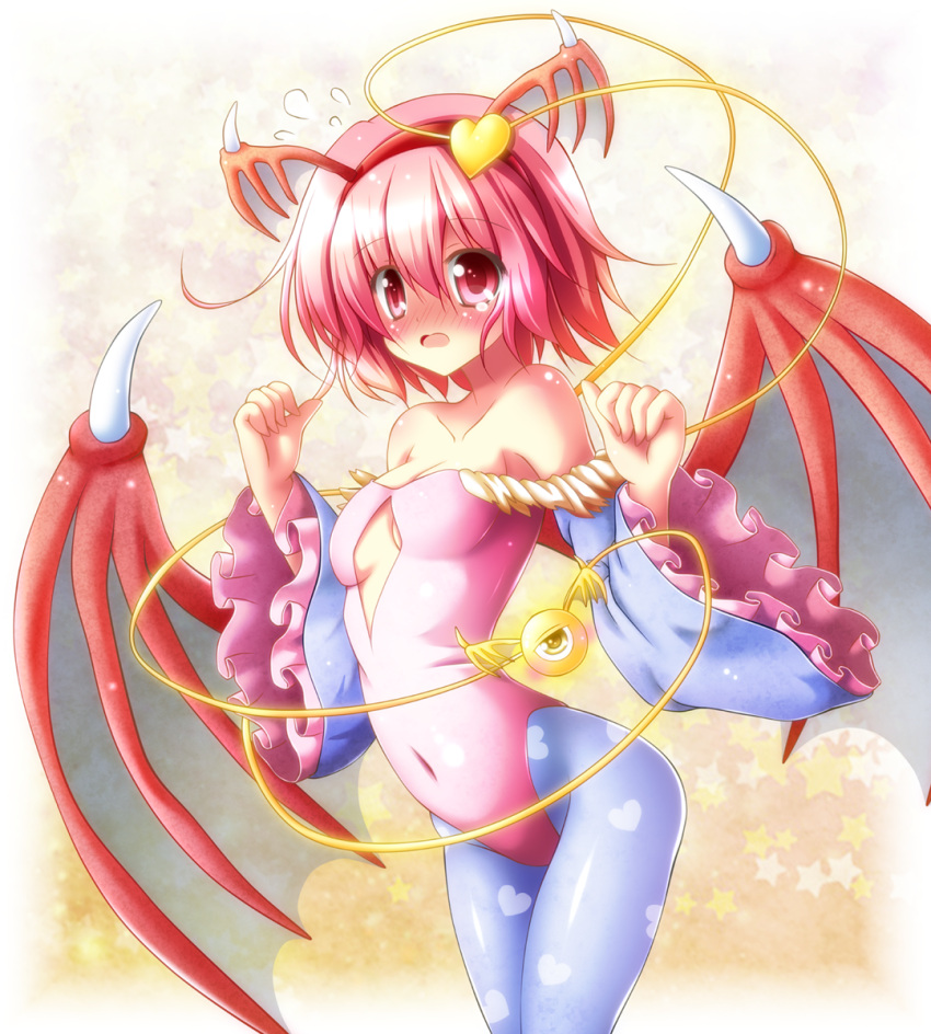 1girl bare_shoulders blue_legwear blush center_opening cosplay covered_navel cowboy_shot demon_wings detached_sleeves flying_sweatdrops full-face_blush hairband heart_print highres komeiji_satori lilith_aensland lilith_aensland_(cosplay) osashin_(osada) pantyhose pink_eyes pink_hair short_hair small_breasts solo star third_eye touhou vampire_(game) wings