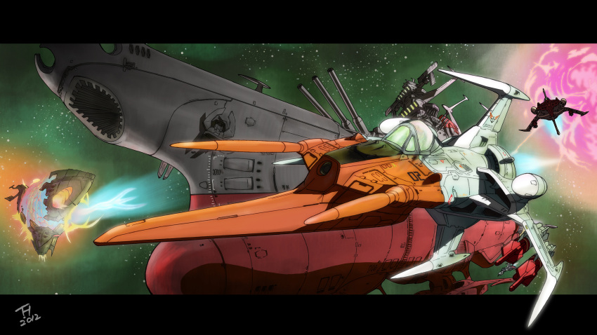 70s alien battle cosmo_zero dated explosion gamilas highres kujira_gunsou letterboxed missile no_humans oldschool revision science_fiction space space_craft uchuu_senkan_yamato uchuu_senkan_yamato_2199 yamato_(uchuu_senkan_yamato)