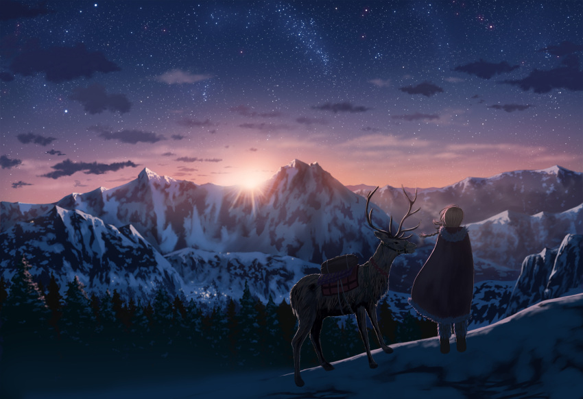 1girl antlers blonde_hair braid cape clouds dark forest from_behind fur_trim hood horizon long_hair mountain nature nauimusuka night night_sky original outdoors profile reindeer revision scenery single_braid sky solo standing star star_(sky) starry_sky sunrise tree twilight winter_clothes