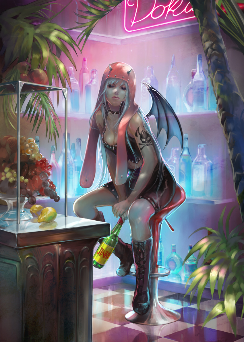 1girl bar bar_stool bat_wings blue_hair boots bottle chair checkered checkered_floor collar cross-laced_footwear food fruit highres lace-up_boots leather neon_lights original palm_tree plant revision sae_(revirth) sign sitting skull_and_crossbones solo spiked_collar spikes tattoo tree wings