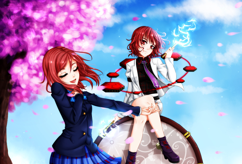 2girls bow cherry_blossoms closed_eyes crossed_legs crossover drum drumsticks electricity hand_on_own_chest horikawa_raiko instrument jacket lightning look-alike looking_at_viewer love_live!_school_idol_project multiple_girls necktie nishikino_maki open_mouth red_eyes redhead school_uniform shirt short_hair sitting skirt smile touhou