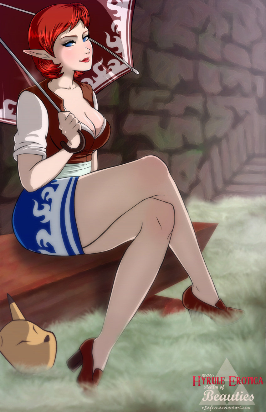 1girl absurdres anju blue_eyes breasts cleavage crossed_legs highres lipstick long_legs majora's_mask makeup nose parasol pencil_skirt pointy_ears pumps r3dfive redhead short_hair skirt sleeves_rolled_up smile solo the_legend_of_zelda umbrella watermark web_address