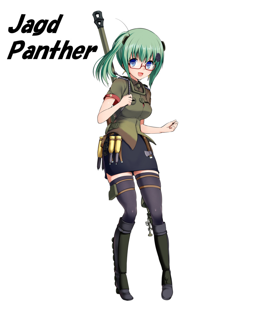 1girl :d blue_eyes cannon glasses green_hair highres jagdpanther miki_purasu open_mouth original personification red-framed_glasses semi-rimless_glasses short_hair short_sleeves side_ponytail simple_background smile solo thigh-highs under-rim_glasses white_background world_of_tanks